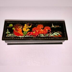 Russian Palekh Lacquer Box “Troika” Hand Painted Signed N. Sapsai Black Gold